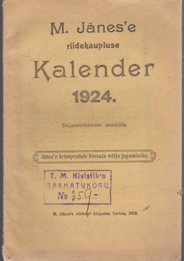M. Jänes'e riidekaupluse kalender 1924