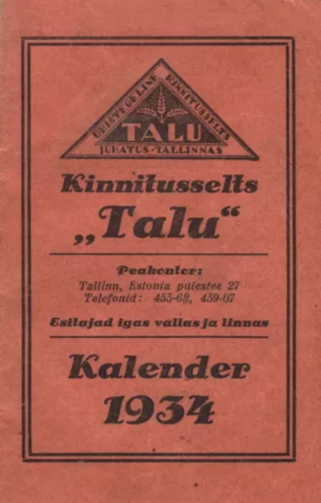 Kinnitusselts «Talu» kalender 1934
